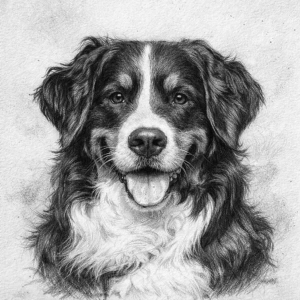 Portrait réalisé au dessin graphite d'un bouvier bernois.