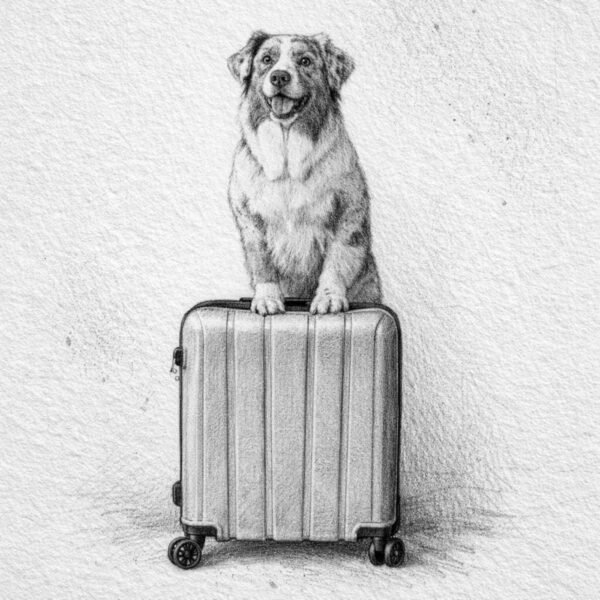 Croquis graphite d’un chien les pattes avant sur une valise de voyage.
