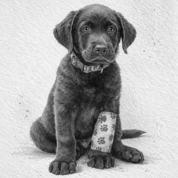 Croquis graphite d’un chiot assis avec un bandage à la patte.