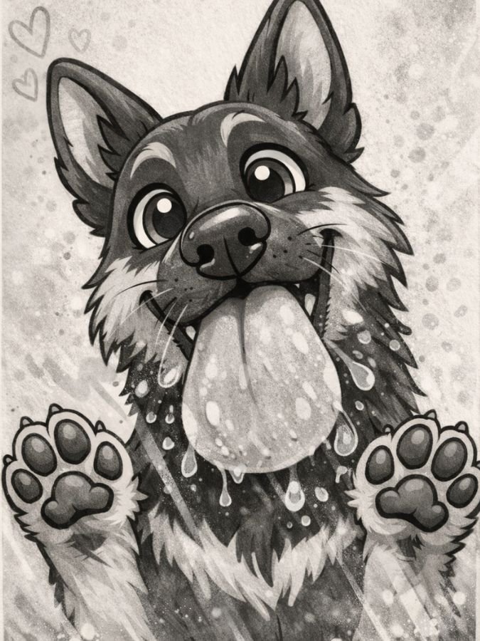 Croquis graphite représentant un berger allemand en train de lécher l'écran.