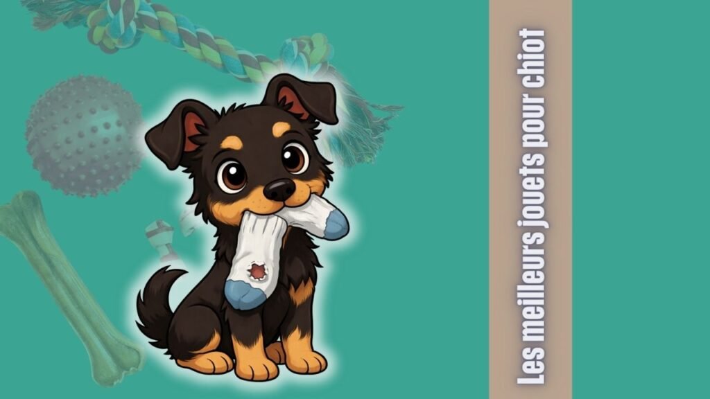 Photographie représentant un chiot en version anime qui tient une chaussette dans sa gueule. Une banderole annonce un listing des meilleurs jouets pour un chiot qui fait ses dents