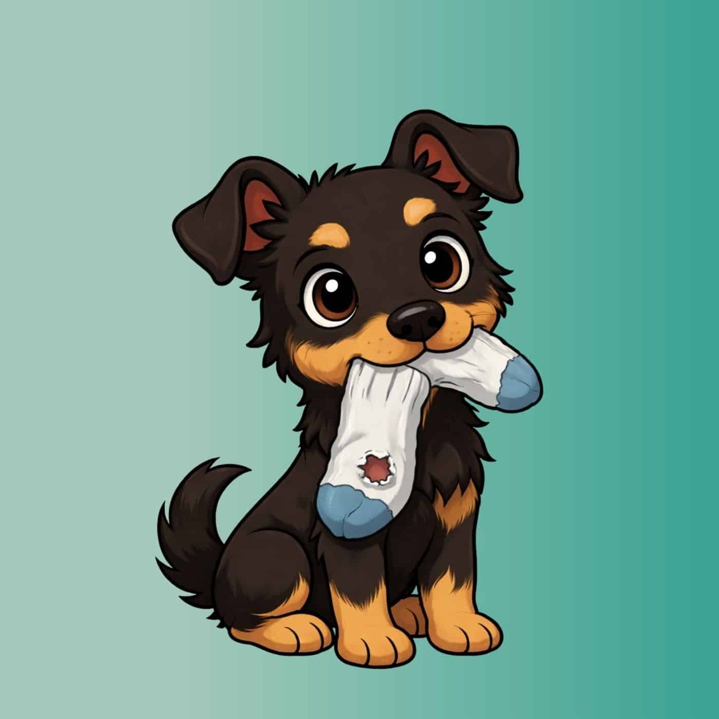 CPhotographie représentant un chiot en version anime qui tient une chaussette dans sa gueule. Une banderole annonce un listing des meilleurs jouets pour un chiot qui fait ses dents.
