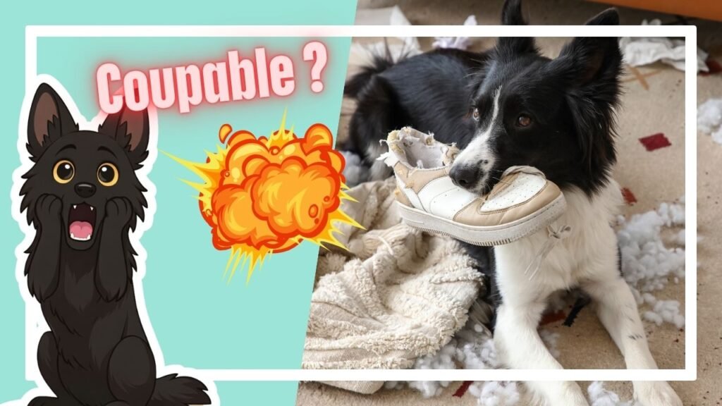 Photographie d'un chien destructeur avec une basket déchiquetée dans la gueule.