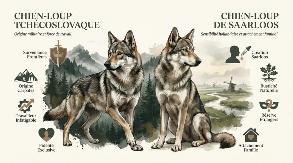 Illustration comparative de deux chiens-loups, le Tchécoslovaque et le Saarloos, avec leurs caractéristiques et origines.