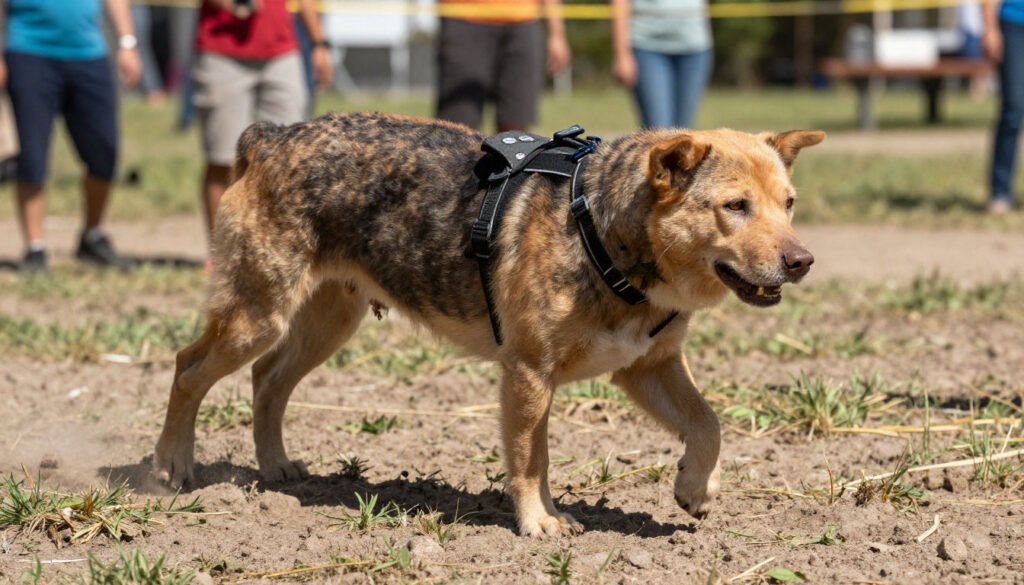 Un chien au pelage fauve et bringé, portant un harnais noir, marche sur un terrain terreux. Des personnes sont visibles en arrière-plan.