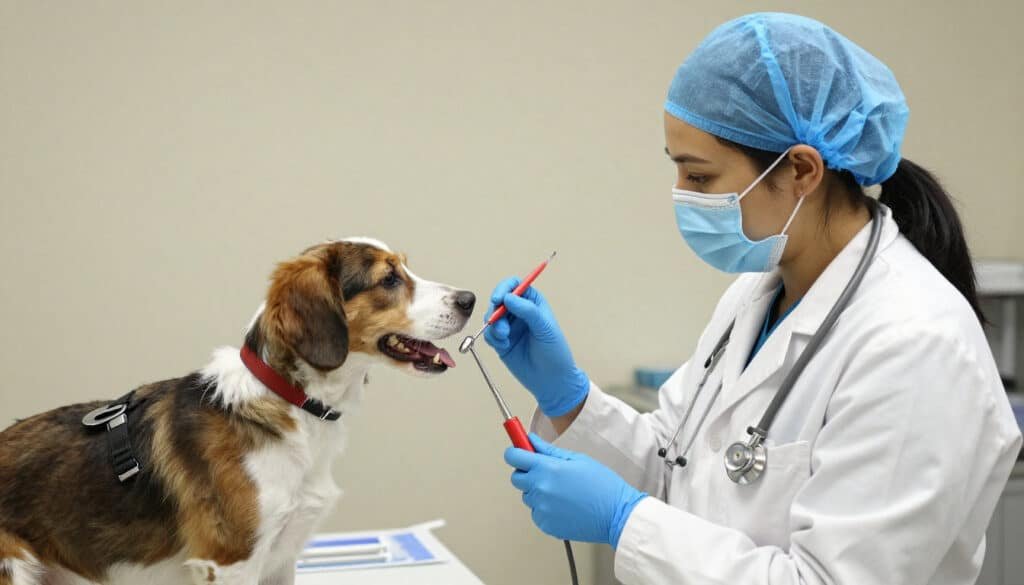 Vétérinaire masquée et gantée examinant les dents d'un chien tricolore calme avec des instruments spécifiques lors d'une consultation.