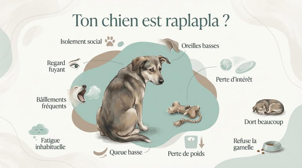 Illustration des symptômes d'un chien "raplapla" : tristesse, isolement social, oreilles basses, perte d'appétit, fatigue.