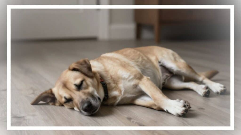 Chien de couleur fauve avec un collier noir, couché sur le flanc et dormant paisiblement sur un plancher en bois clair.