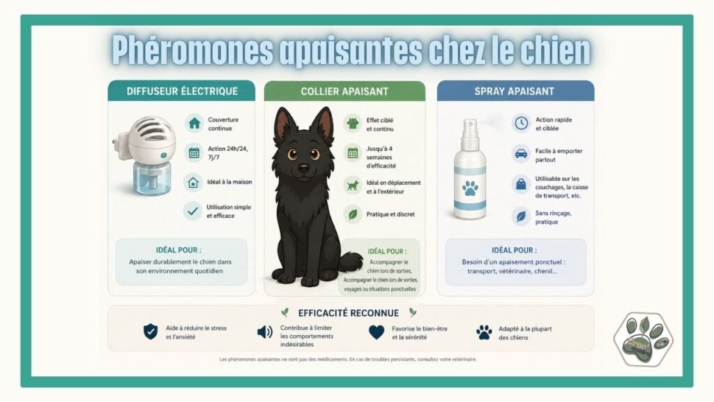 Infographie représentant trois solutions utilisant des phéromones apaisantes pour les chiens. L'une de ces solutions est le diffuseur de phéromones pour chien.