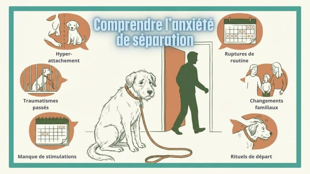 Illustration d'un chien triste et de six bulles décrivant les causes courantes de l'anxiété de séparation chez le chien.