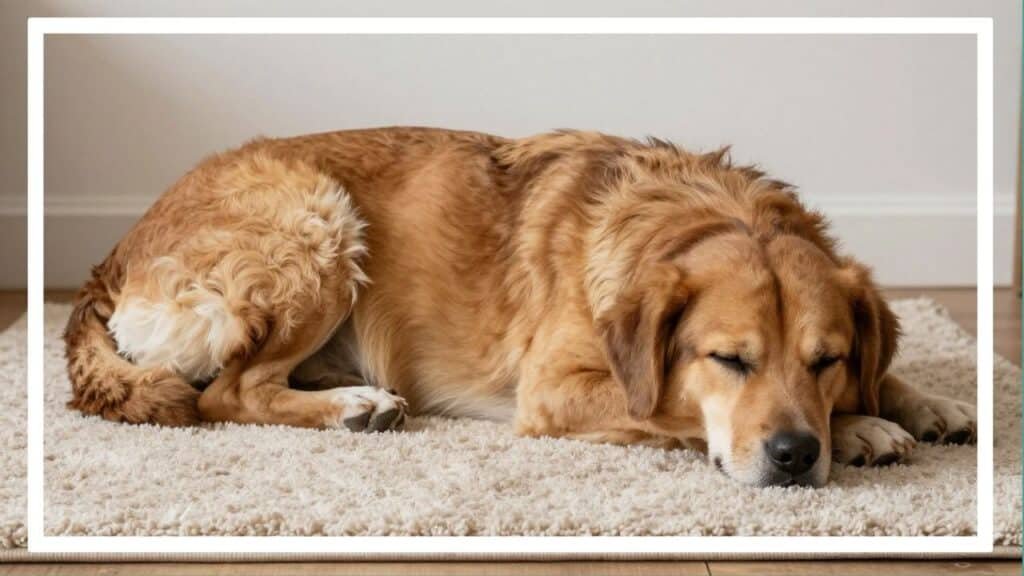 Grand chien endormi sur un tapis shaggy beige. Son corps détendu évoque le confort et le repos idéal.
