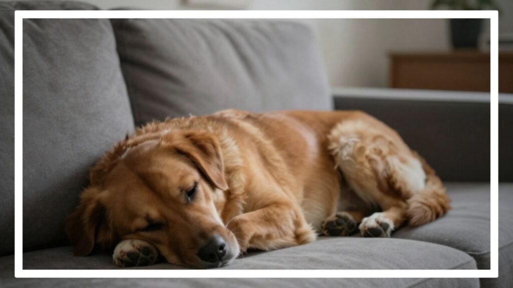 Un chien de race Golden Retriever couleur miel dort paisiblement enroulé sur un canapé gris. Ses yeux sont fermés, sa tête repose sur ses pattes avant.