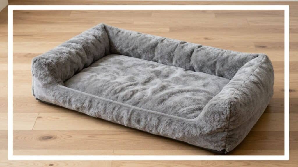 Grand panier pour chien en tissu peluche gris, avec des rebords rembourrés, posé sur un sol en parquet clair. Il est déhoussable.