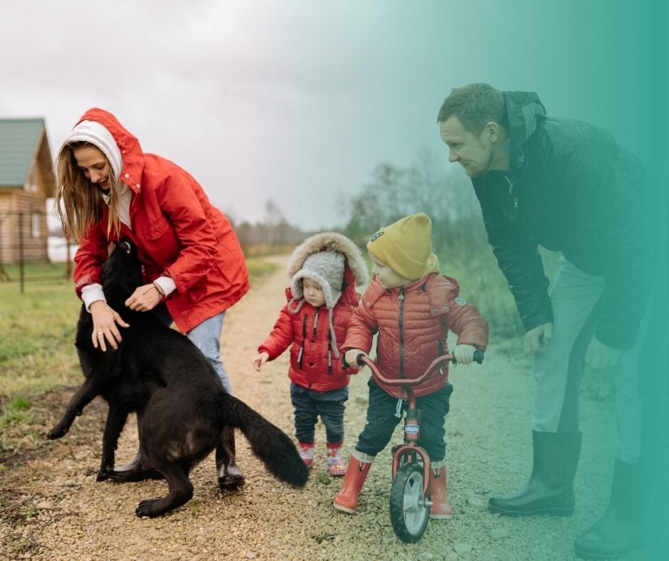 Grand chien jouant avec des enfants en extérieur.