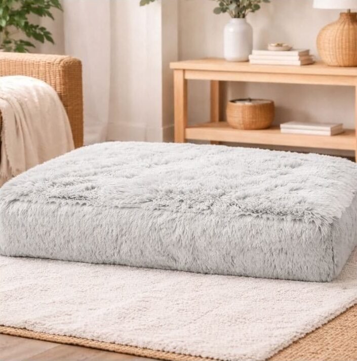 Panier pour chien XXL déhoussable gris rectangulaire, texture ultra-moelleuse à longs poils.