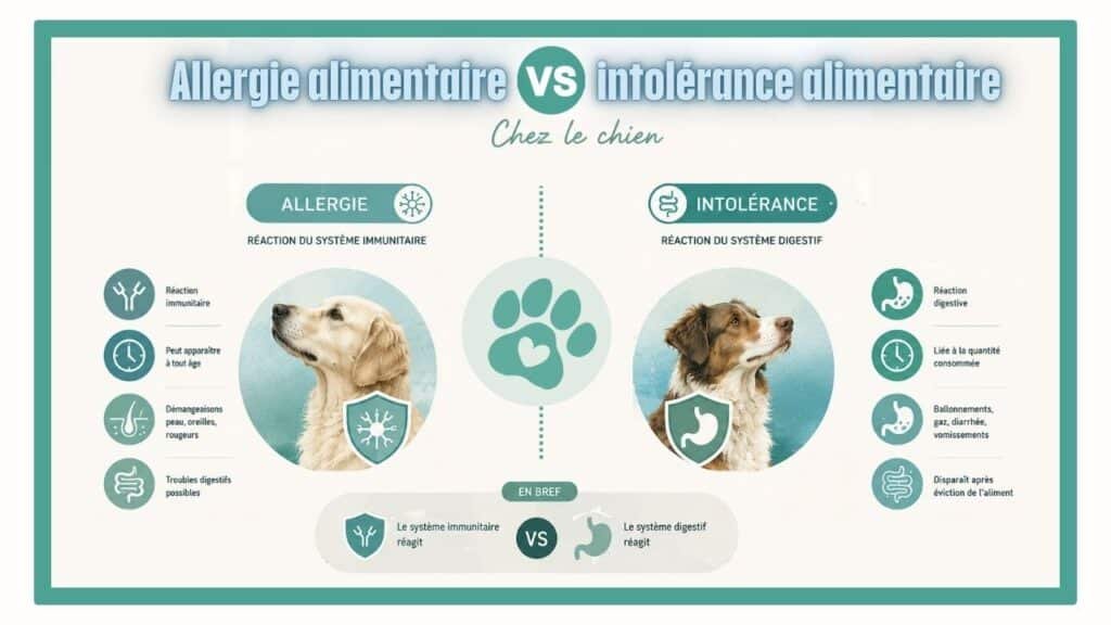 Infographie comparative sur les croquettes hypoallergéniques pour chien : différence entre allergie alimentaire et intolérance alimentaire