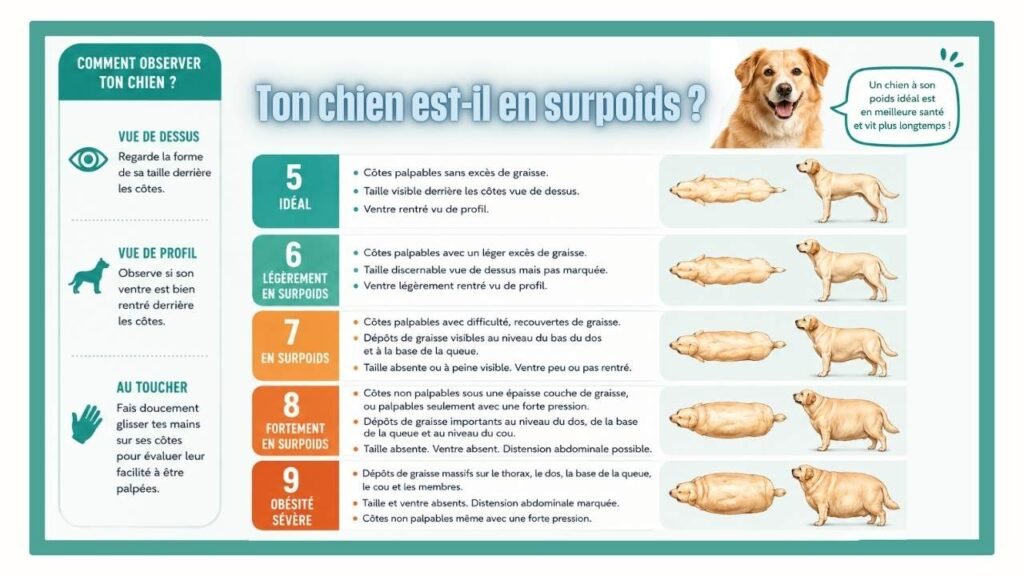 Infographie en format paysage expliquant comment évaluer le surpoids chez le chien à l’aide de l’échelle de condition corporelle de 5 à 9. Chaque niveau montre la silhouette du chien vue de dessus et de profil avec des indications sur les côtes, la taille et le ventre. Design vert turquoise avec conseils d’observation et illustrations pédagogiques.