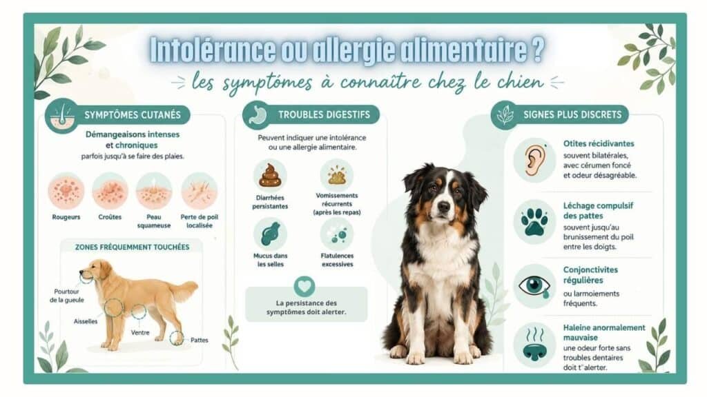 Infographie présentant les symptômes d’une allergie ou intolérance alimentaire chez le chien : démangeaisons, troubles digestifs, otites et léchage des pattes.