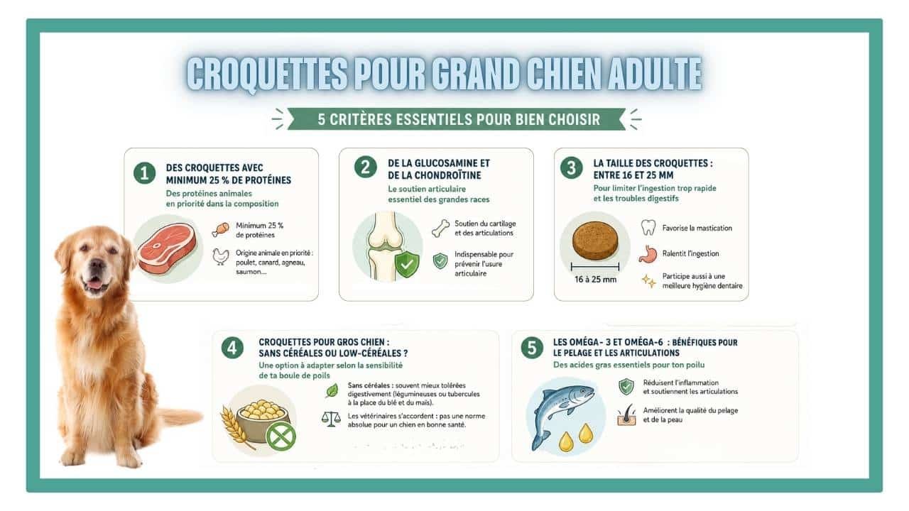 Infographie présentant les 5 critères essentiels pour choisir des croquettes pour chien adulte de grande race : minimum 25 % de protéines animales, glucosamine et chondroïtine, taille des croquettes entre 16 et 25 mm, formule sans céréales ou low-céréales selon la sensibilité digestive et présence d'oméga-3 et oméga-6.