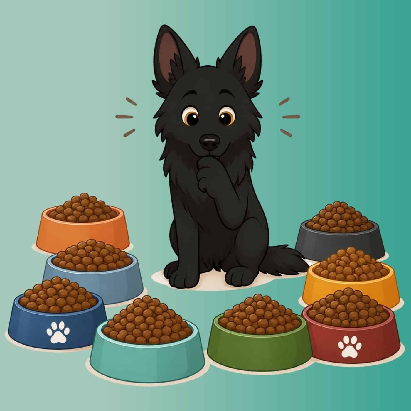 Gros chien adulte qui hésite entre plusieurs gamelles de croquettes