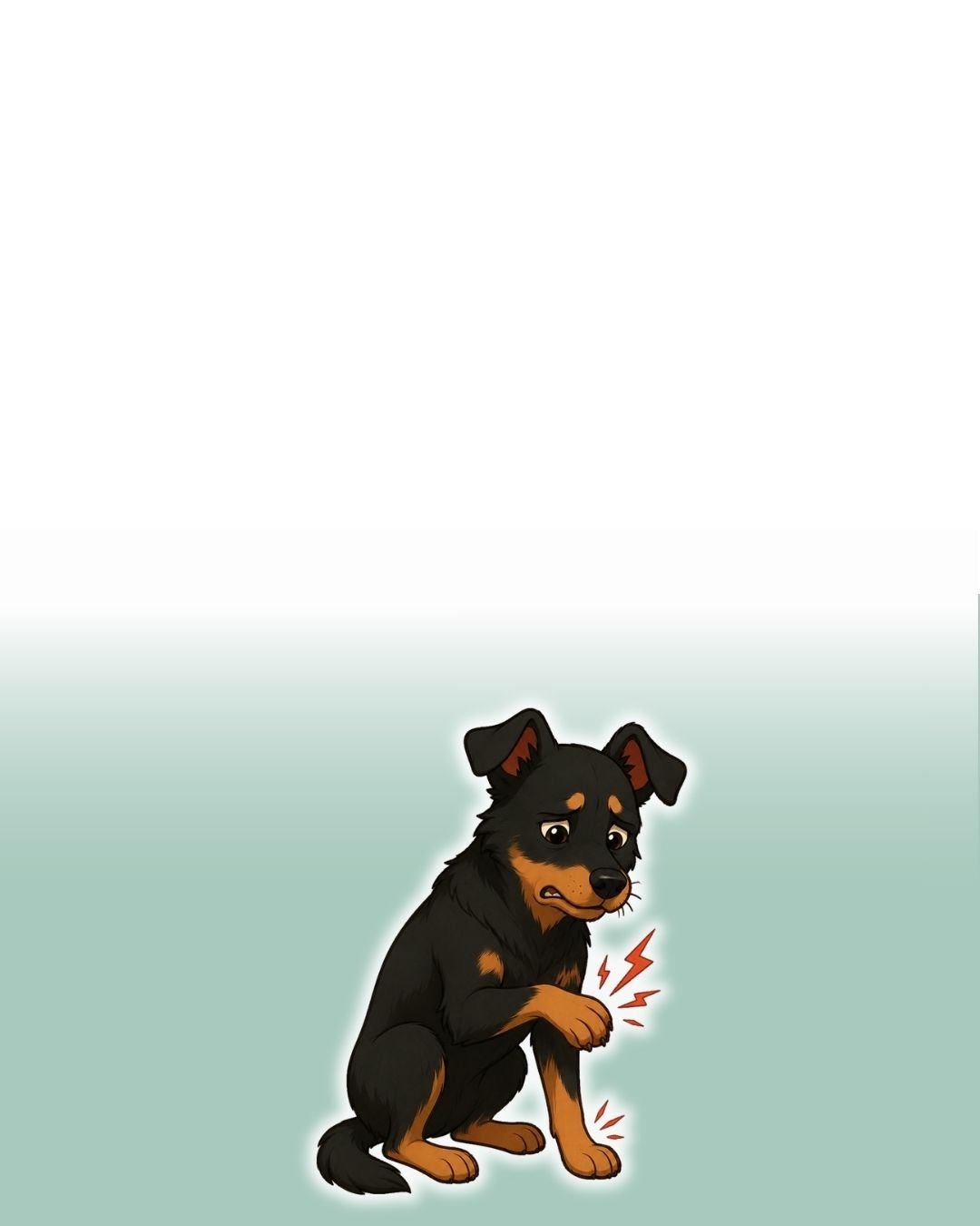 Chien de type berger créole en train d'observer sa patte douloureuse.
